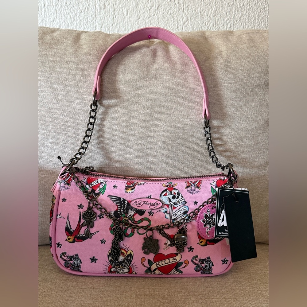 ED HARDY pink Blush Iconic Tattoos Hobo Charms Crossbody Bag Summer